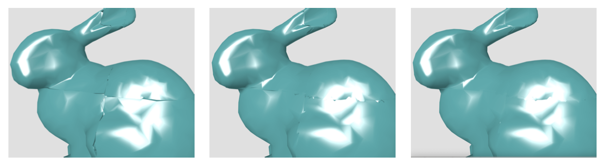 Three renderings of the Stanford bunny, with cracks, with overlapping flange treatment and with the overlapping flange snapped back to the original surface.