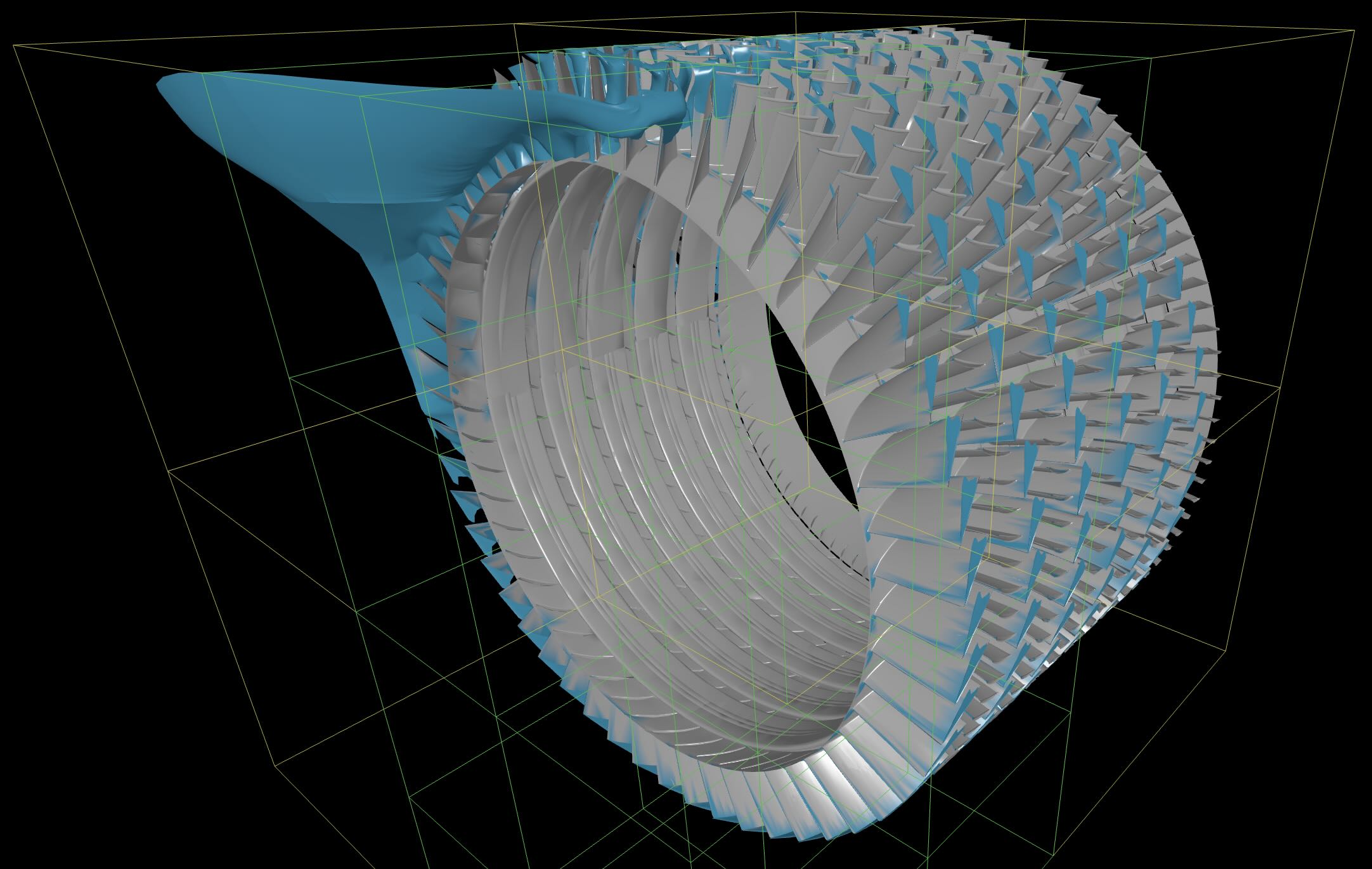 Image shows a 6-stage axial compressor with an iso-surface of reverse flow.